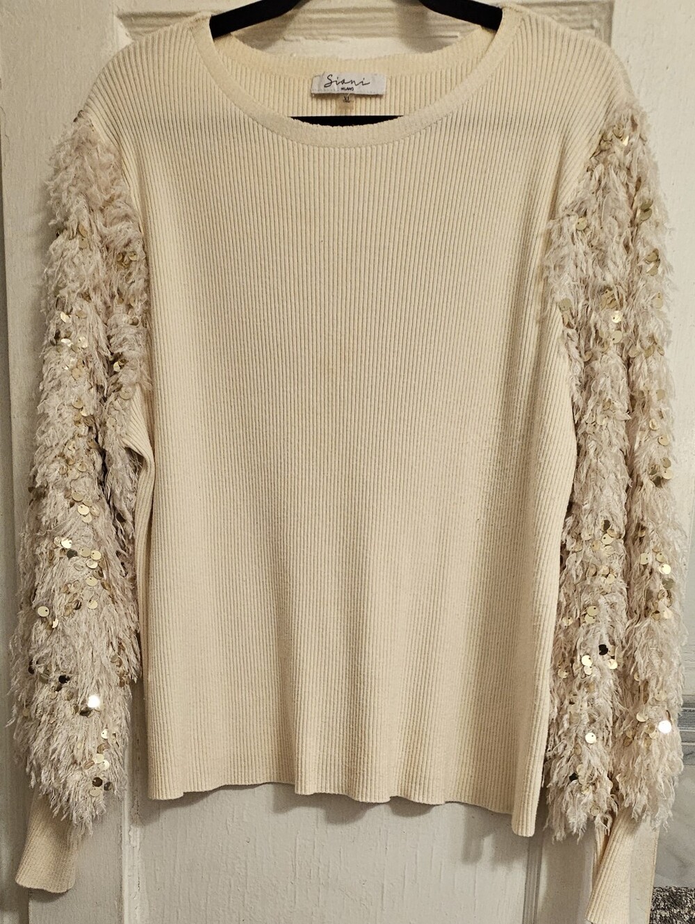 Sioni-Sequins & Feathered Sleeve Knit Top - Cream